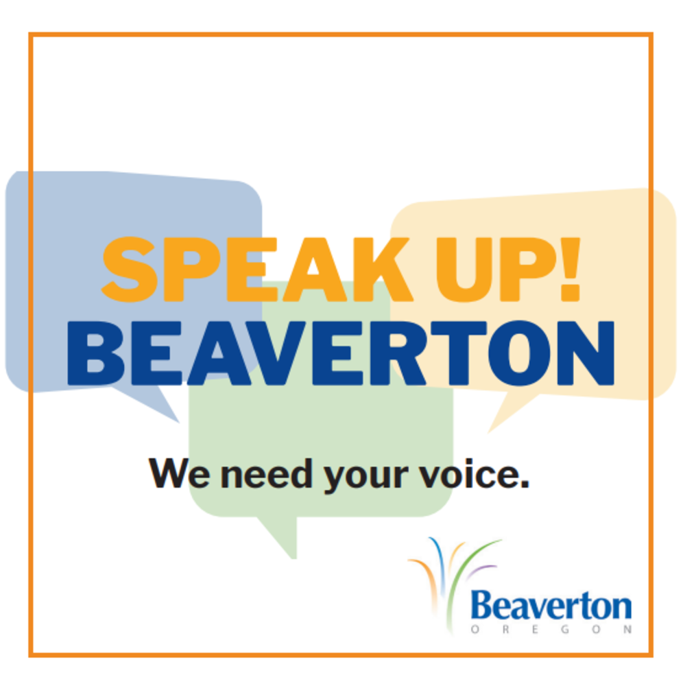 Promotional card for the Beaverton Community Survey 2025. The card features the text 'We need your voice. SPEAK UP! BEAVERTON!